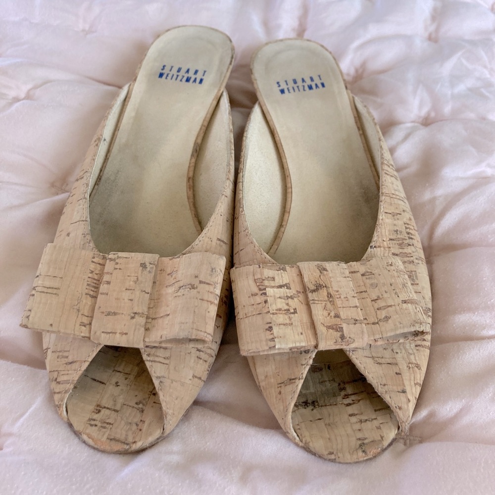 Stuart Weitzman open toe slip on suede pumps cork